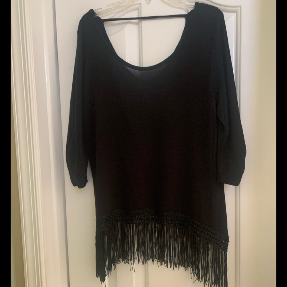 BCX 3/4 Sleeve Black Fringed Top